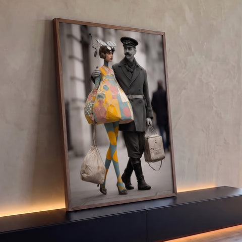 Casal retrô surreal, mulher com vestido colorido de bolinhas e oficial em preto e branco, quadro decorativo