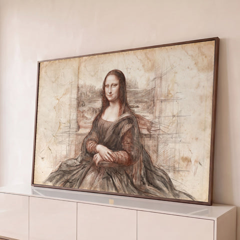 Mona Lisa desenhada a lápis sépia com linhas de construção sobre papel envelhecido, quadro decorativo