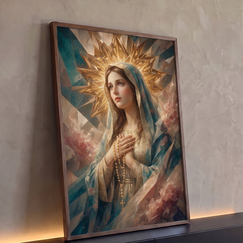 Nossa Senhora de véu azul e terço, auréola dourada, fundo geométrico com rosas, quadro decorativo