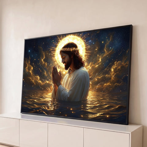 Jesus de manto branco orando de mãos unidas no mar, halo dourado e céu estrelado, quadro decorativo