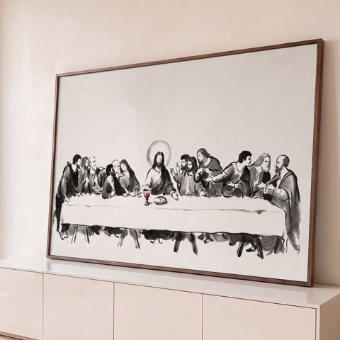 Quadro Decorativo Grande Santa Ceia para Sala Preto | quadros decorativos para sala | Última Ceia recriada em tinta preto e branco com halo dourado e cálice vermelho | Porao dos Quadros