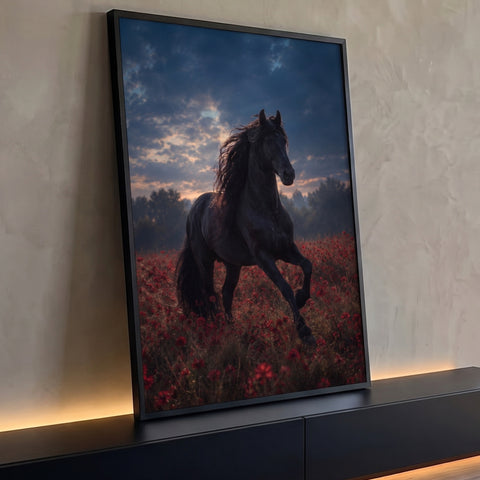 Quadro Decorativo Grande Cavalo Negro Preto para Sala | quadros decorativos para sala | cavalo preto de crina longa caminhando em campo de flores vermelhas ao entardecer | Porao dos Quadros