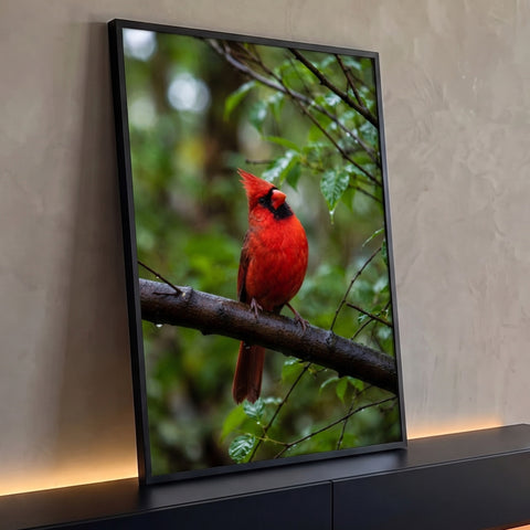 Pássaro cardeal vermelho pousado em galho molhado com folhas verdes e gotas de chuva, quadro decorativo