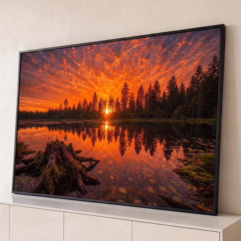 Pôr do sol laranja refletido em lago com pinheiros, tronco com musgo e lírios d'água, quadro decorativo