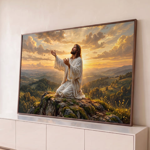 Jesus de túnica branca ajoelhado orando na rocha, céu dourado ao pôr do sol, quadro decorativo