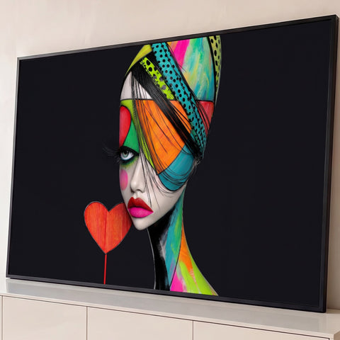 Mulher pop art com turbante colorido, lábios rosa e coração vermelho em fundo preto, quadro decorativo