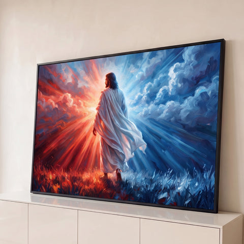 Jesus de manto branco caminhando no campo entre céu vermelho e azul com raios de luz, quadro decorativo