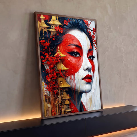 Rosto de gueixa pintado em vermelho e branco com cerejeiras e pagodes dourados, quadro decorativo