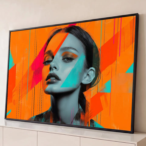 Rosto de mulher em cinza com triângulos turquesa e pink sobre fundo laranja, quadro decorativo