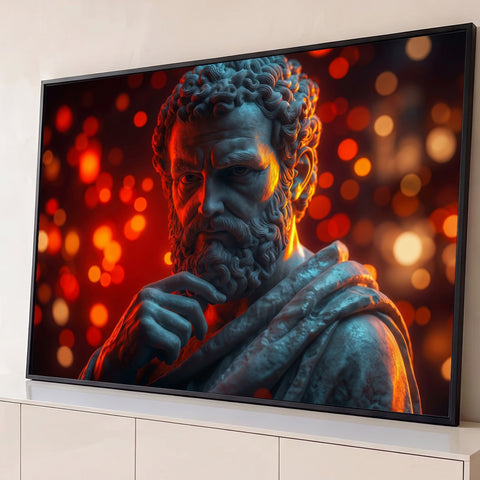 Busto de mármore de filósofo grego barbudo com a mão no queixo e luzes bokeh vermelhas, quadro decorativo