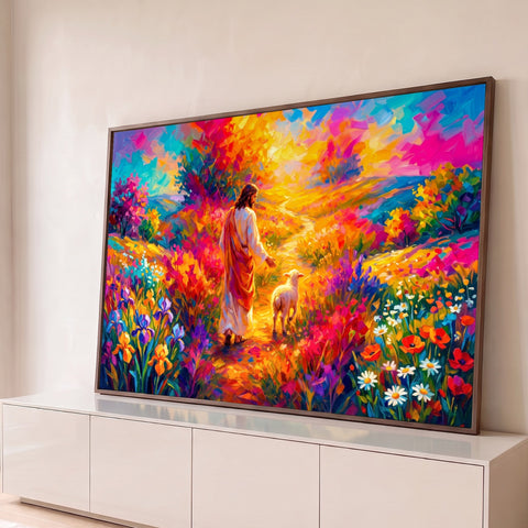 Jesus caminhando com cordeiro em campo de flores coloridas, pintura a óleo vibrante, quadro decorativo