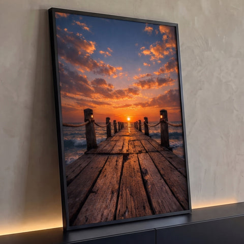 Píer de madeira com lanternas e cordas rumo ao sol se pondo no mar, céu laranja, quadro decorativo