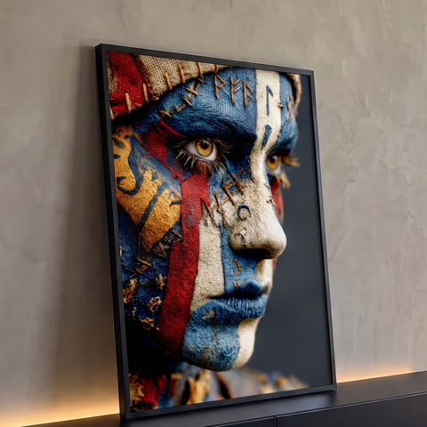 Rosto viking pintado em azul, vermelho e bege com runas nórdicas, olhos âmbar e costuras, quadro decorativo