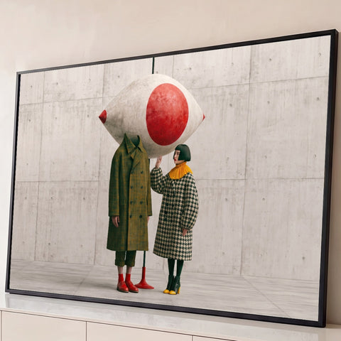 Olho gigante branco e vermelho sobre figura de casaco xadrez ao lado de mulher em pied de poule, quadro decorativo