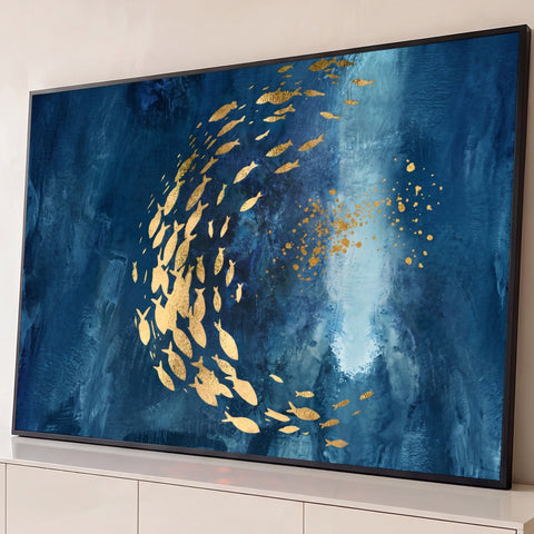 Cardume de peixes dourados em espiral sobre fundo azul texturizado com feixe de luz, quadro decorativo