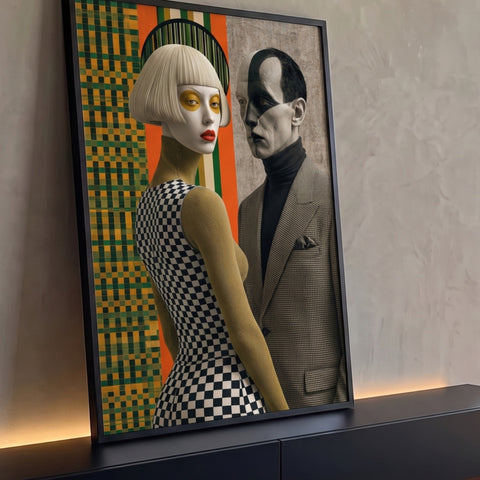 Quadro Decorativo Grande Casal Estilizado para Sala Preto | quadros decorativos para sala | mulher de peruca loira e homem de rosto pintado meio a meio em cena estilizada de moda | Porao dos Quadros