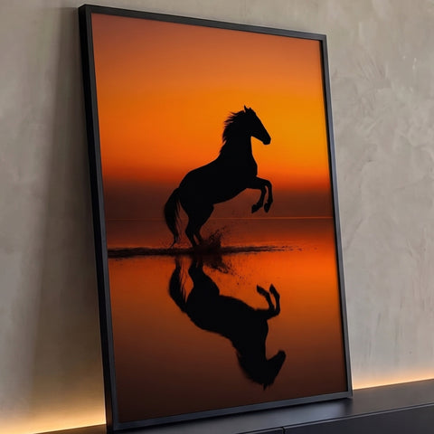Silhueta de cavalo empinado sobre a água com reflexo no pôr do sol laranja, quadro decorativo