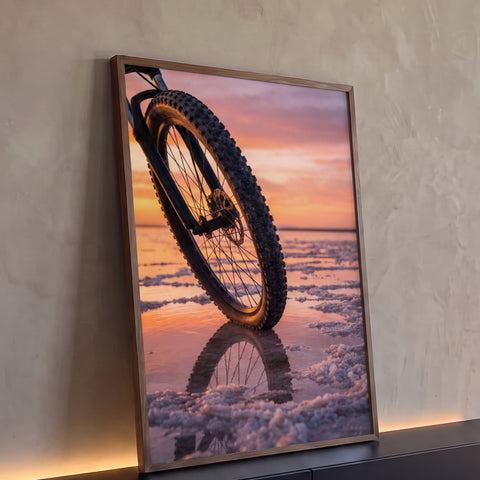 Roda de mountain bike refletida na água da salina ao pôr do sol laranja e rosa, quadro decorativo
