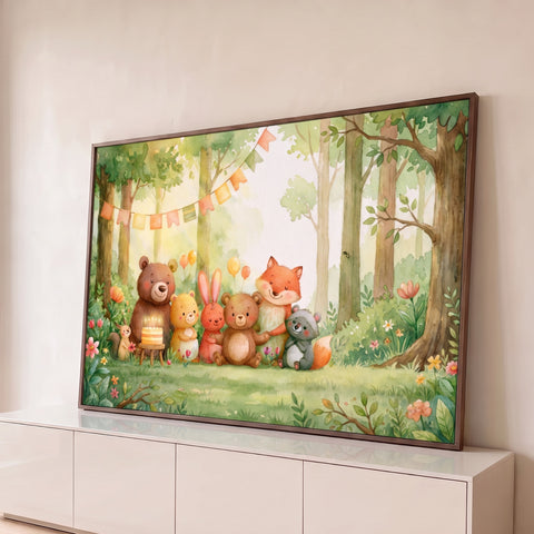 Ursinhos, raposa, coelho e guaxinim em festa com bolo e balões na floresta em aquarela, quadro decorativo