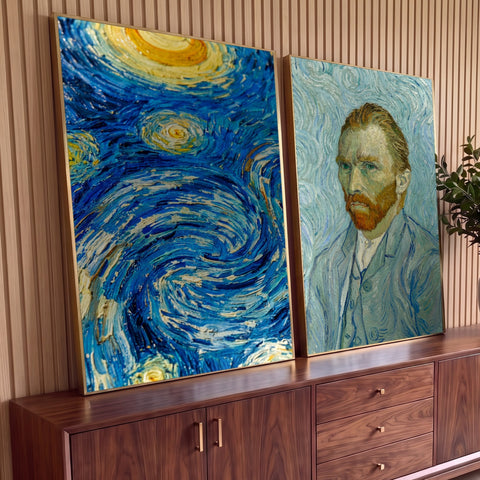 Quadro Decorativo Kit 2 Telas Van Gogh para Sala Azul | quadros decorativos para sala | espirais azuis e douradas ao lado de retrato de homem ruivo, estilo pós-impressionista | Porao dos Quadros