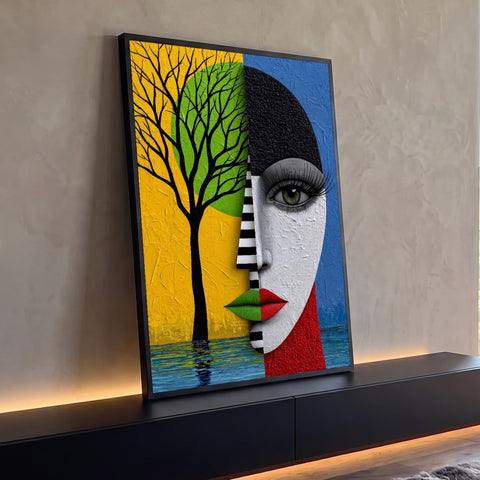 Quadro Decorativo Grande Rosto Dividido para Sala Amarelo | quadros decorativos para sala | rosto feminino dividido ao meio com árvore preta e paisagem amarela e azul | Porao dos Quadros