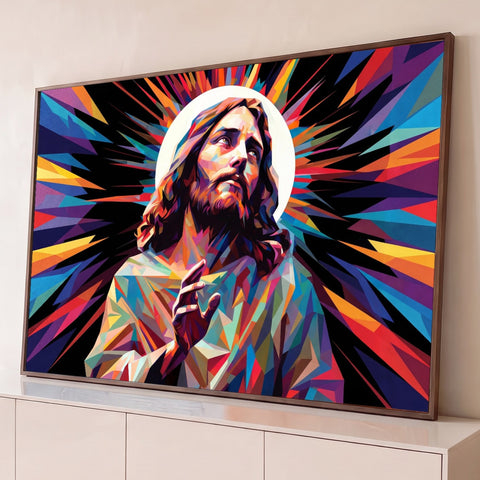 Jesus Cristo em arte poligonal colorida com halo e raios vibrantes sobre fundo preto, quadro decorativo