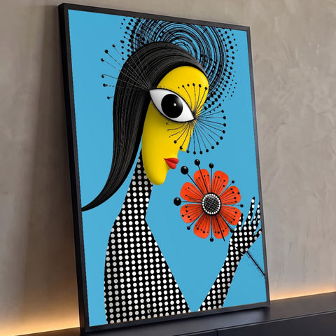 Quadro Decorativo Grande Mulher Pop Art Azul para Sala | quadros decorativos para sala | mulher estilizada com olho grande e flor laranja em fundo azul estilo pop art | Porao dos Quadros