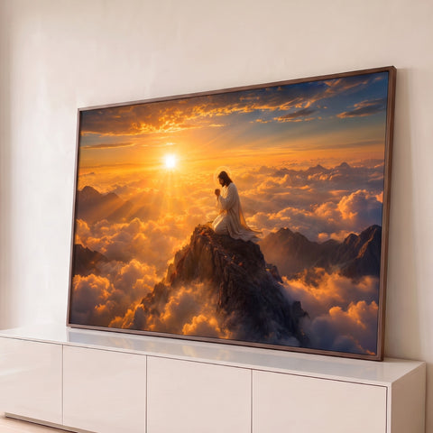 Jesus ajoelhado orando no pico de montanha acima das nuvens ao nascer do sol dourado, quadro decorativo