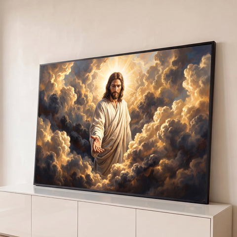 Jesus Cristo de manto branco com a mão estendida entre nuvens douradas e luz divina, quadro decorativo