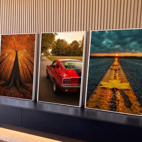 Quadro Decorativo Kit 3 Telas Outono com Árvore para Sala | quadros decorativos para sala | árvore laranja vista de baixo, carro vermelho vintage e folha amarela ao pôr do sol | Porao dos Quadros