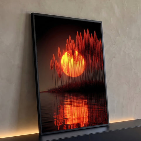 Sol amarelo atrás de juncos vermelhos altos refletidos em lago escuro ao entardecer, quadro decorativo