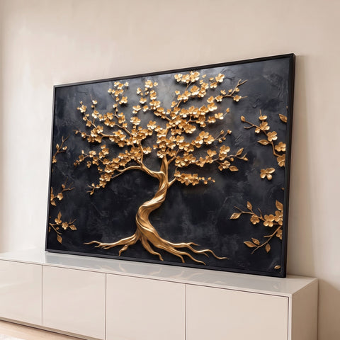 Árvore dourada florida com tronco retorcido e raízes sobre fundo preto texturizado, quadro decorativo