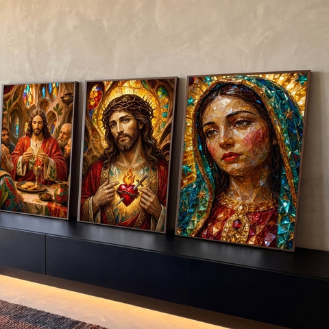 Quadro Decorativo Kit 3 Telas Jesus Cristo para Sala Dourado | quadros decorativos para sala | tríptico sacro em mosaico com Última Ceia, Sagrado Coração e Nossa Senhora | Porao dos Quadros