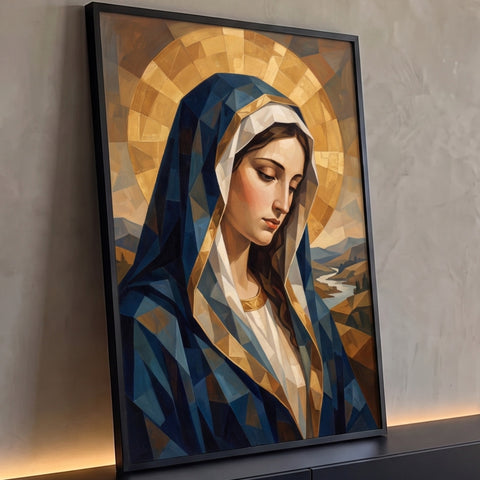 Nossa Senhora serena em estilo cubista com manto azul, auréola dourada e rio ao fundo, quadro decorativo
