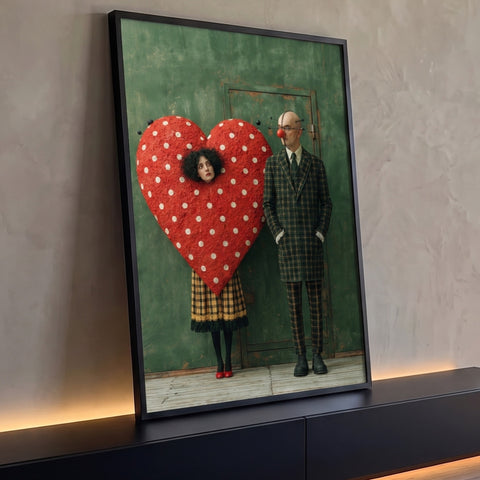 Arte surreal: mulher em coração vermelho de bolinhas e homem de terno xadrez, quadro decorativo