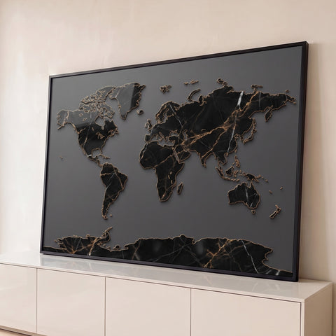 Quadro Decorativo Grande Mapa Mundi para Sala Preto | quadros decorativos para sala | mapa-múndi em textura de mármore preto com contornos dourados sobre fundo cinza | Porao dos Quadros