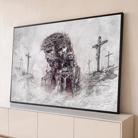Jesus Cristo com coroa de espinhos em desenho grafite e cruzes do Calvário, quadro decorativo