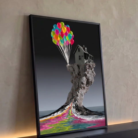 Casa sobre rochedo com balões coloridos e tinta escorrendo no mar, arte surreal, quadro decorativo