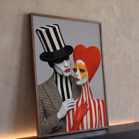 Quadro Decorativo Grande Rostos Pintados para Sala Vermelho | quadros decorativos para sala | duas pessoas com maquiagem teatral, coração vermelho e cartola listrada em preto e branco | Porao dos Quadros