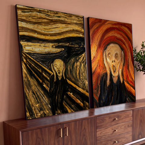 Quadro Decorativo Kit 2 Telas Grito de Munch para Sala | quadros decorativos para sala | figura gritando em duas versões de cor, uma marrom e outra laranja, sobre ponte ondulada | Porao dos Quadros