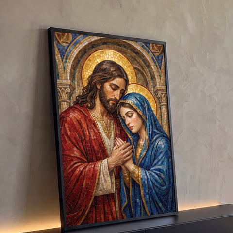 Jesus de manto vermelho e Maria de véu azul em mosaico com auréolas douradas, quadro decorativo