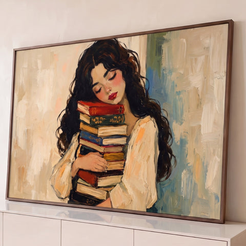 Pintura a óleo de mulher de cabelos cacheados abraçando pilha de livros, fundo bege, quadro decorativo
