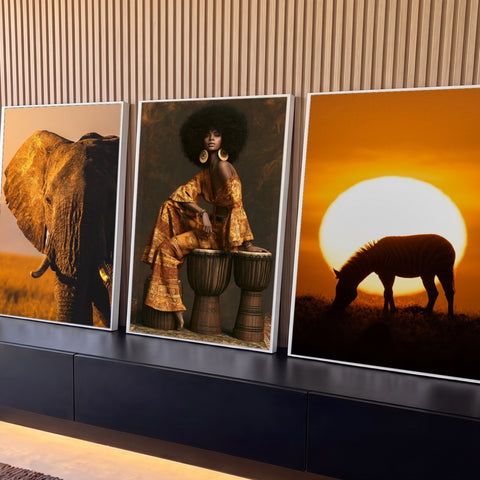 Quadro Decorativo Kit 3 Telas Africano Elefante para Sala | quadros decorativos para sala | elefante, mulher com afro sobre tambores e zebra ao pôr do sol em tons alaranjados | Porao dos Quadros