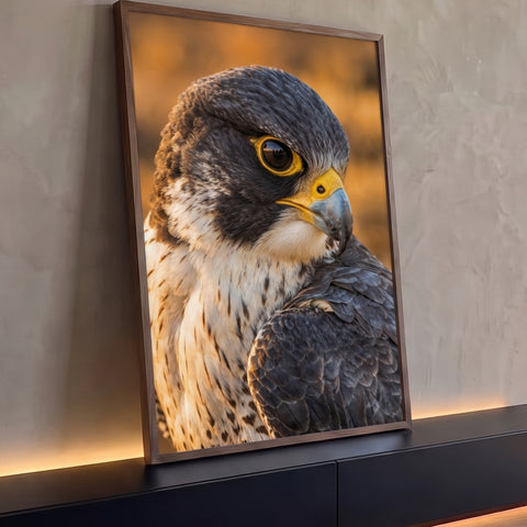 Falcão peregrino em close, plumagem cinza, olho amarelo e fundo dourado, quadro decorativo