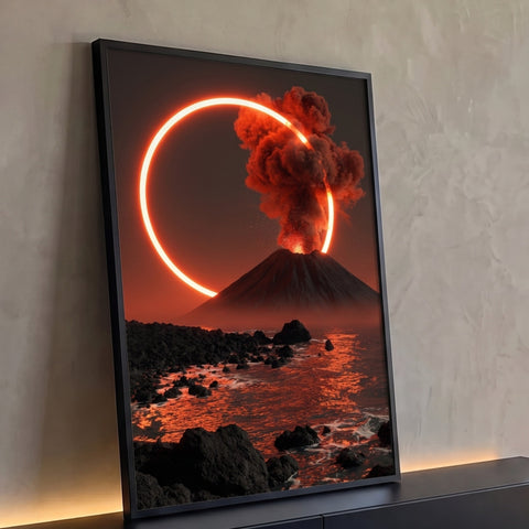 Vulcão em erupção sob anel de luz laranja, mar e rochas escuras refletindo o brilho, quadro decorativo
