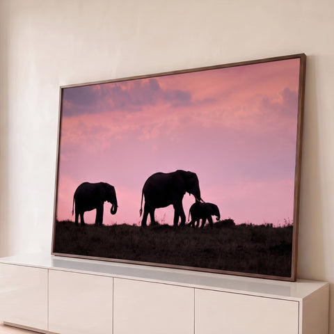 Família de elefantes com filhote em silhueta sob céu rosa de pôr do sol na savana, quadro decorativo