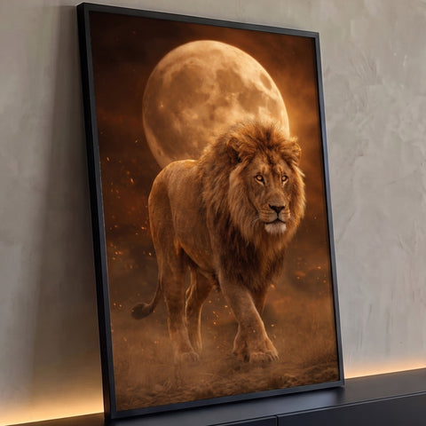 Leão de juba dourada caminhando sob lua cheia gigante com faíscas em tons âmbar, quadro decorativo