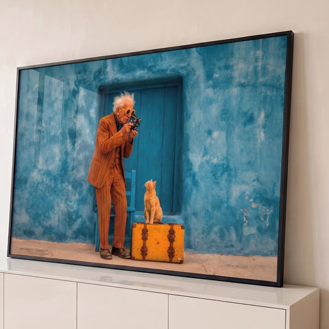Senhor de terno listrado filmando gato laranja sobre mala amarela em parede azul, quadro decorativo