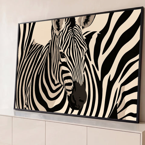 Ilustração de zebra em close com listras pretas se espalhando sobre fundo bege, quadro decorativo