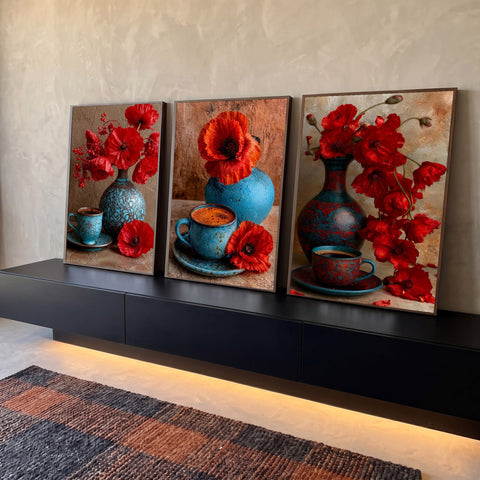 Quadro Decorativo Kit 3 Telas Papoulas para Área Gourmet | quadros decorativos para sala | papoulas vermelhas em vasos azuis ao lado de xícaras de café fumegante | Porao dos Quadros